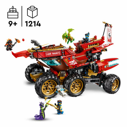 Three-quarter studio view of the built LEGO Ninjago 71869 Land Bounty truck showing its six large gold wheels, blue flags, and detachable flying ship module splitting from the chassis.