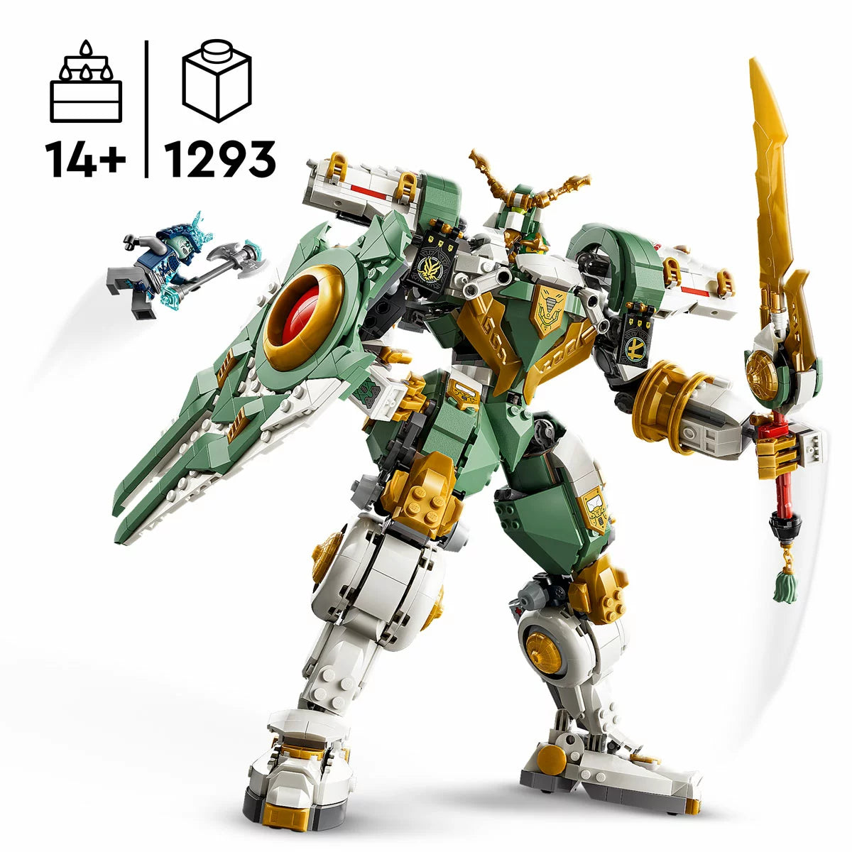 Front view of the built LEGO Ninjago 71860 Lloyd's Titan Mech standing tall with green and white armor panels, holding a large sword and a shield.