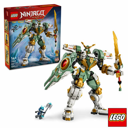 Front view of the built LEGO Ninjago 71860 Lloyd's Titan Mech standing tall with green and white armor panels, holding a large sword and a shield.