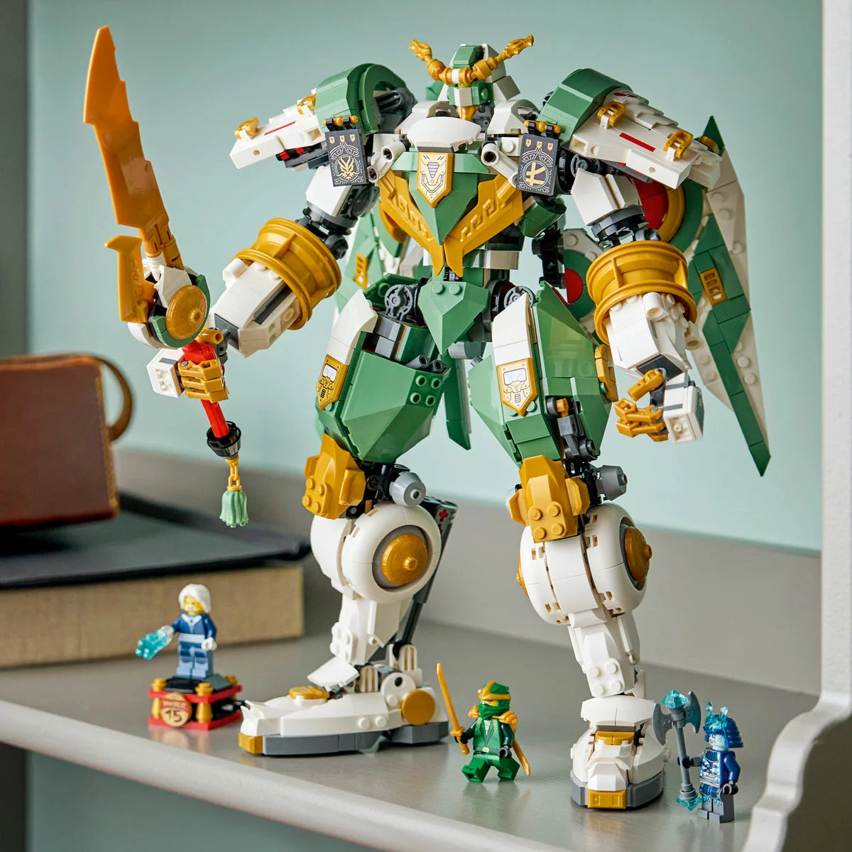 Front view of the built LEGO Ninjago 71860 Lloyd's Titan Mech standing tall with green and white armor panels, holding a large sword and a shield.