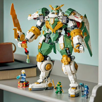 Front view of the built LEGO Ninjago 71860 Lloyd's Titan Mech standing tall with green and white armor panels, holding a large sword and a shield.