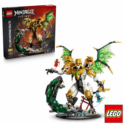 Side view of the massive built white LEGO 71872 four-headed dragon battling a large green snake emerging from rocky ground on a black display base.