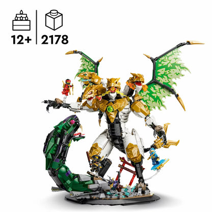 Side view of the massive built white LEGO 71872 four-headed dragon battling a large green snake emerging from rocky ground on a black display base.