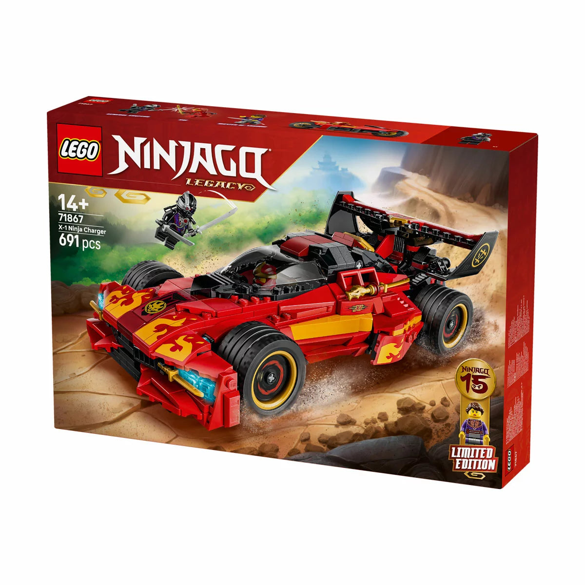 Three-quarter front angle of the LEGO Ninjago X-1 Ninja Charger red sports car with its hood lifted to show the concealed motorcycle inside, flanked by three minifigures on a plain surface.