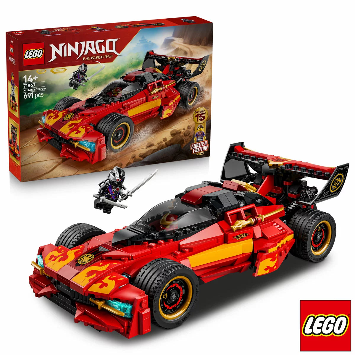 Three-quarter front angle of the LEGO Ninjago X-1 Ninja Charger red sports car with its hood lifted to show the concealed motorcycle inside, flanked by three minifigures on a plain surface.