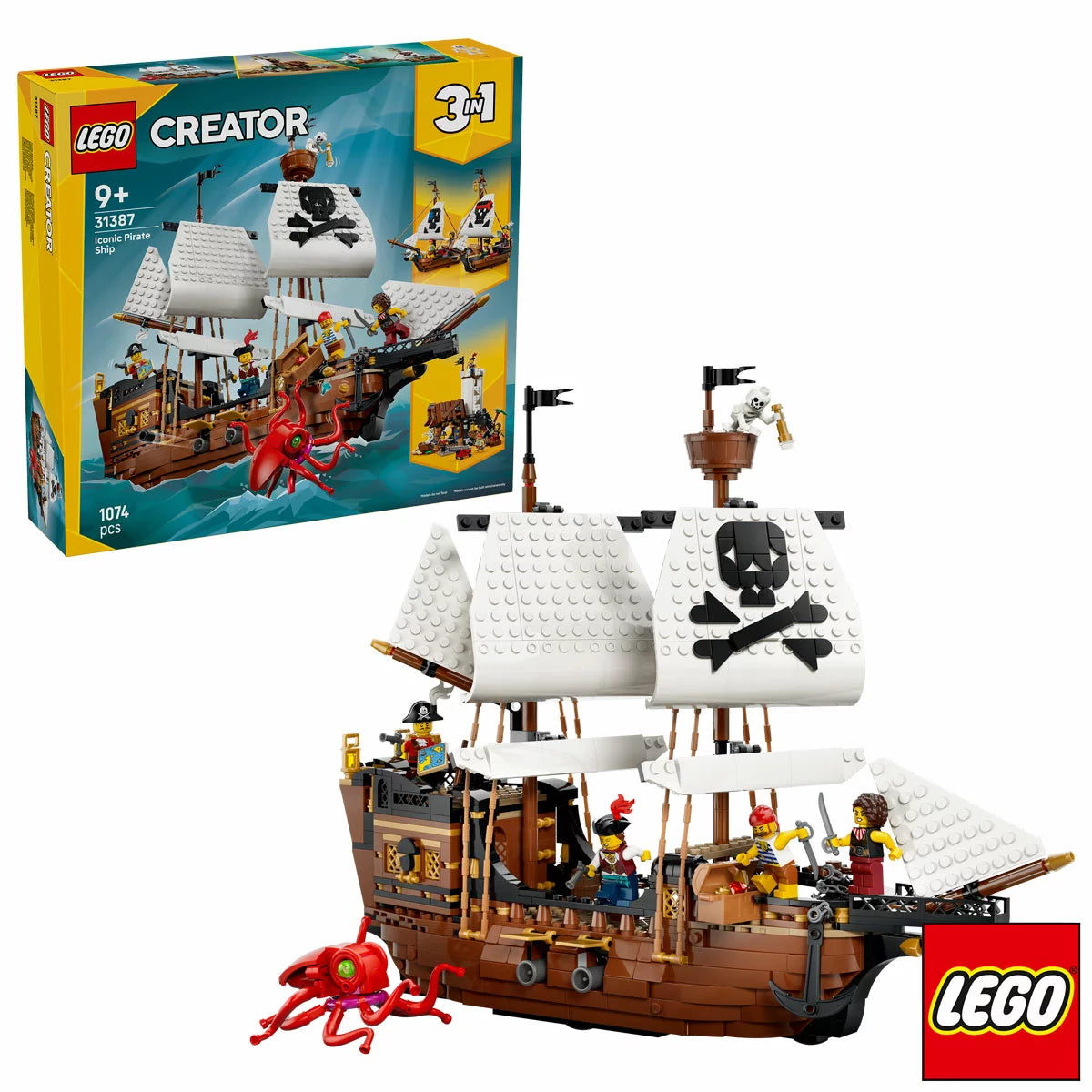 Front angle view of built LEGO Creator 31387 pirate ship model with sails raised, cannons ready, sea monster, and pirate minifigures on a plain surface.