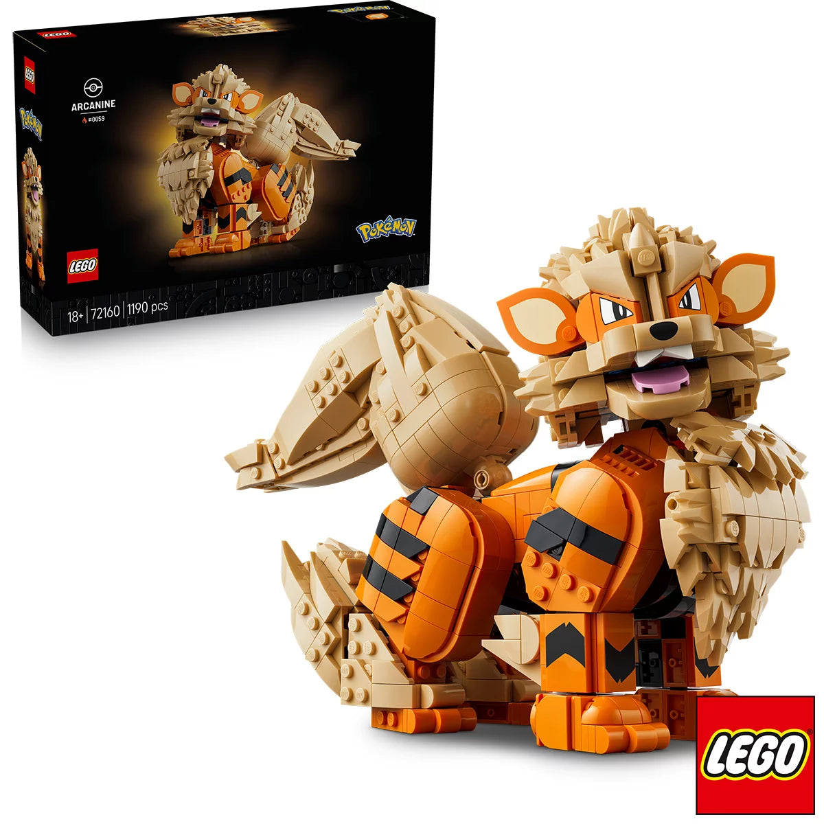 Front three-quarter view of the assembled orange and cream LEGO Pokémon Arcanine figure posed dynamically on a clean dark wood desk.