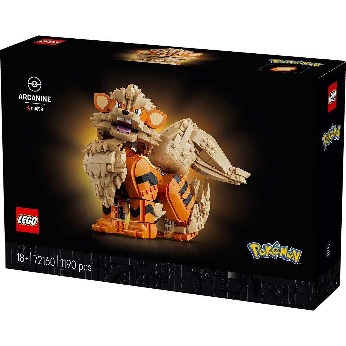 Front three-quarter view of the assembled orange and cream LEGO Pokémon Arcanine figure posed dynamically on a clean dark wood desk.