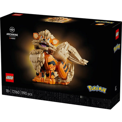 Front three-quarter view of the assembled orange and cream LEGO Pokémon Arcanine figure posed dynamically on a clean dark wood desk.