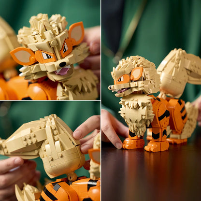 Front three-quarter view of the assembled orange and cream LEGO Pokémon Arcanine figure posed dynamically on a clean dark wood desk.
