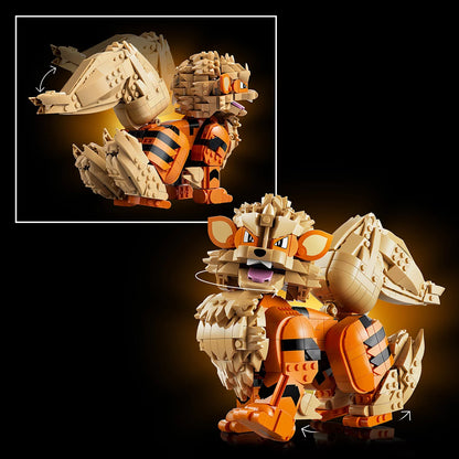 Front three-quarter view of the assembled orange and cream LEGO Pokémon Arcanine figure posed dynamically on a clean dark wood desk.