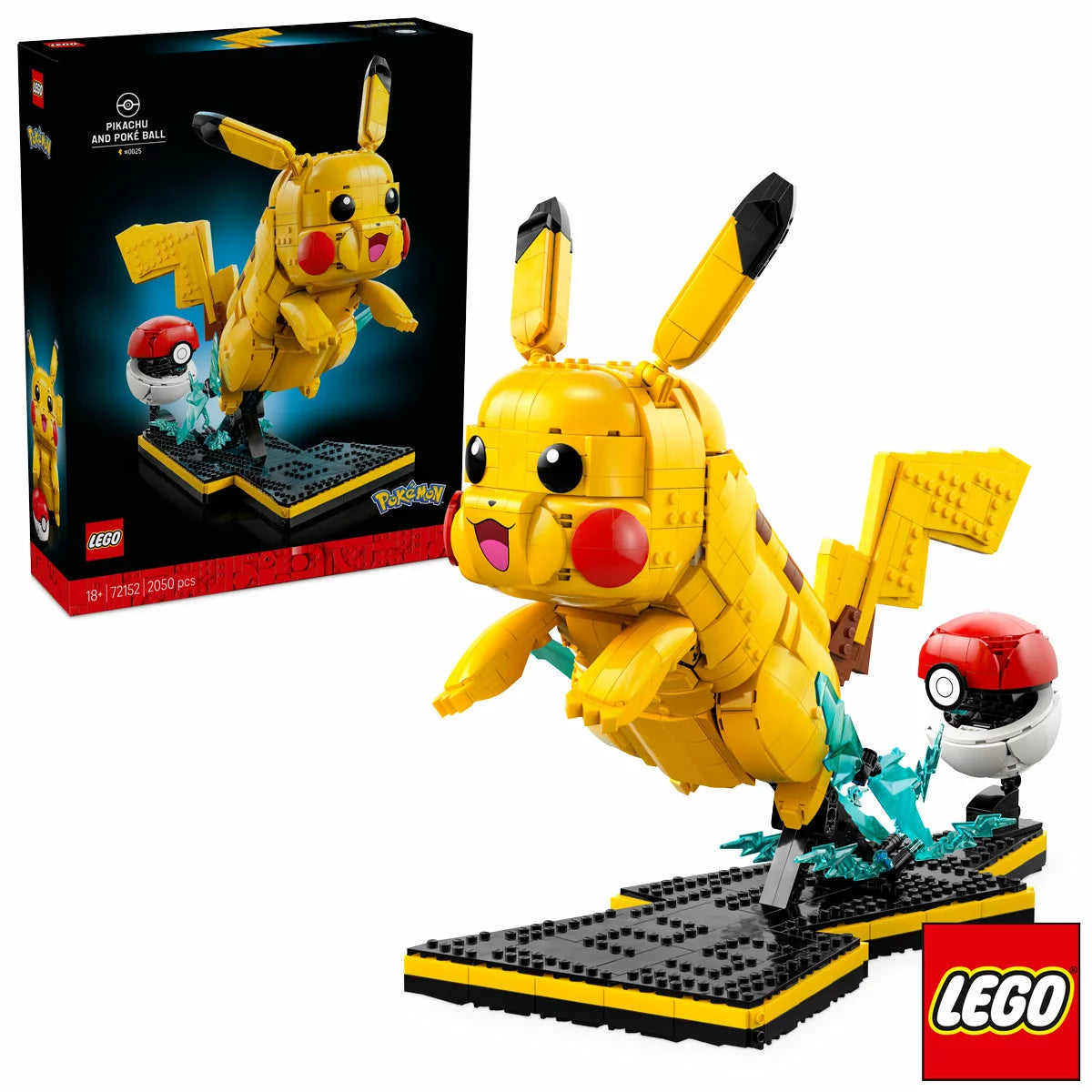 Three-quarter studio view of the built yellow LEGO 72152 Pikachu leaping from an open red and white Poké Ball on a black display base showing the number 25.