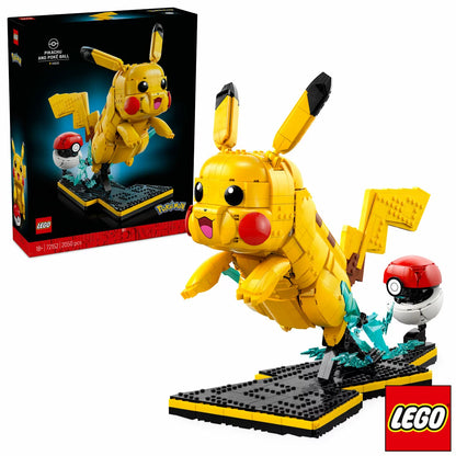 Three-quarter studio view of the built yellow LEGO 72152 Pikachu leaping from an open red and white Poké Ball on a black display base showing the number 25.