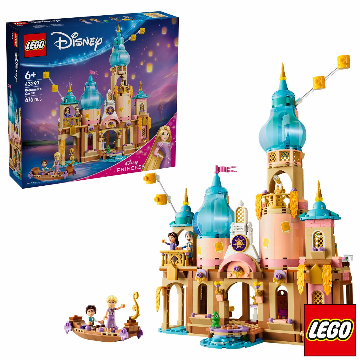 A colorful multi-level purple and beige LEGO Rapunzel's Castle featuring a high tower balcony, a blue brick-built rowboat, and miniature figures of Rapunzel and Flynn displayed on a clean play table.