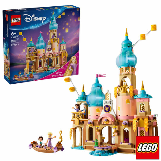 A colorful multi-level purple and beige LEGO Rapunzel's Castle featuring a high tower balcony, a blue brick-built rowboat, and miniature figures of Rapunzel and Flynn displayed on a clean play table.