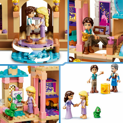 A colorful multi-level purple and beige LEGO Rapunzel's Castle featuring a high tower balcony, a blue brick-built rowboat, and miniature figures of Rapunzel and Flynn displayed on a clean play table.