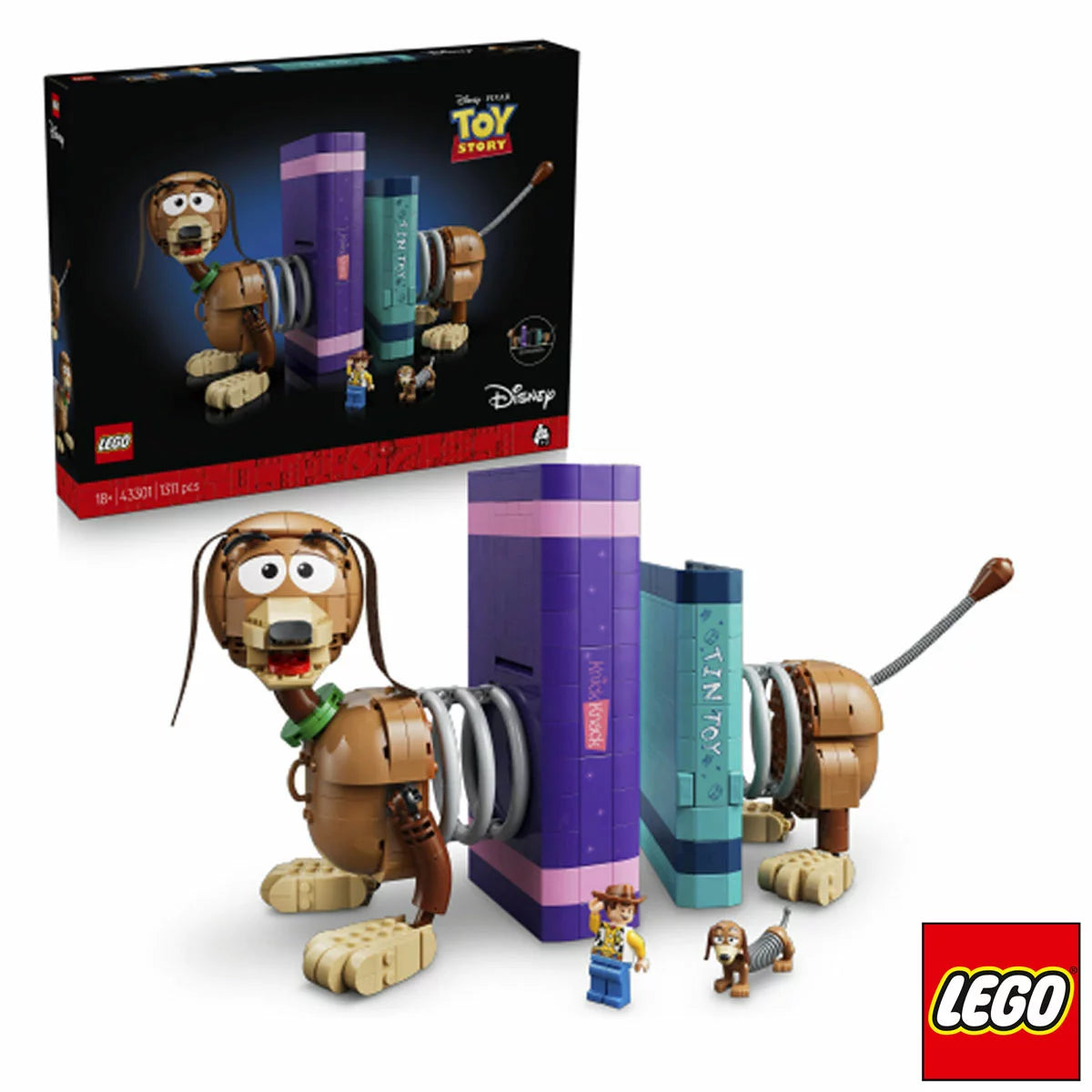 Three-quarter studio view of the built brown LEGO 43301 Slinky Dog bookends holding two blue and red brick-built books with a hidden Woody figure popping out.