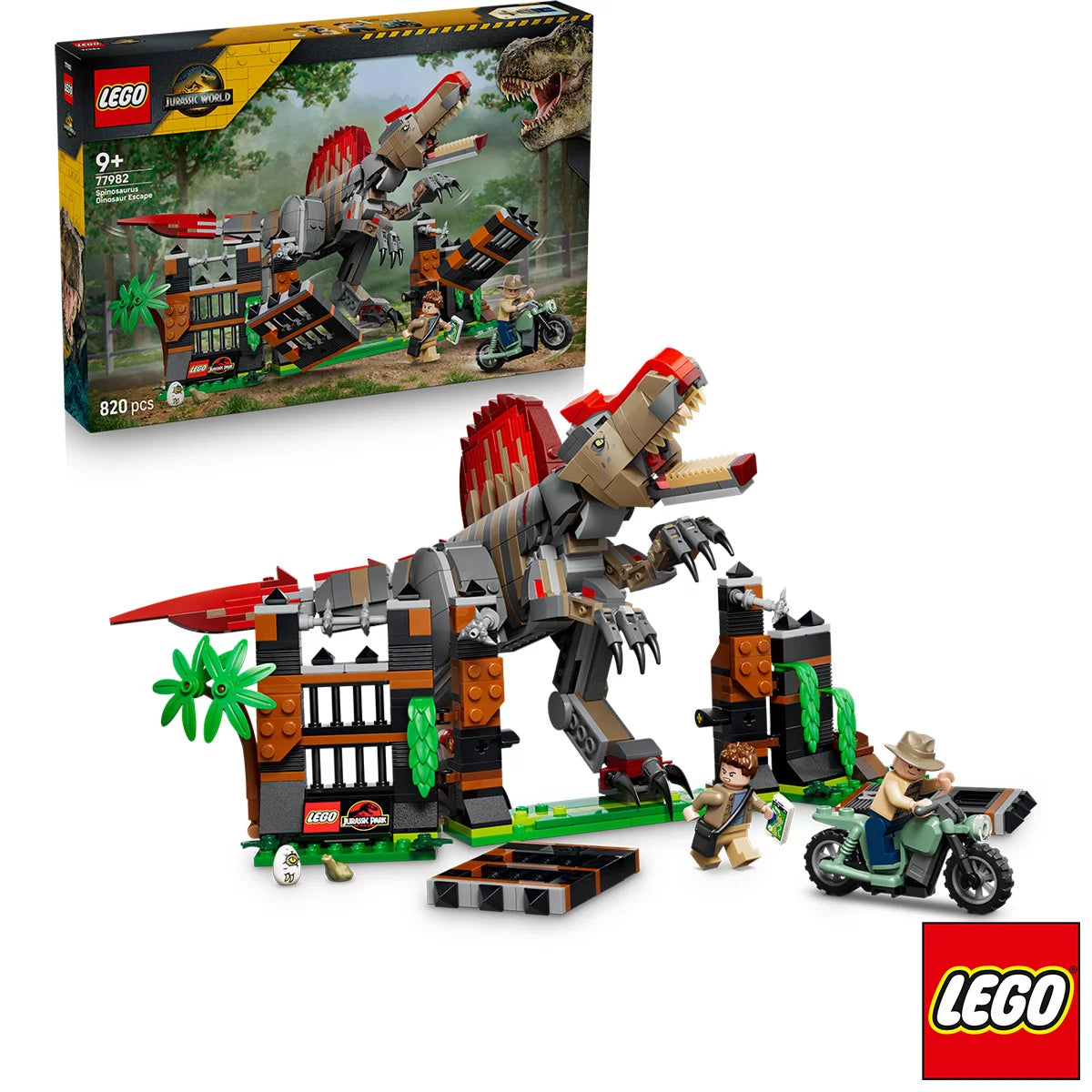 Front angle of the LEGO Jurassic World Spinosaurus dinosaur breaking through a grey brick enclosure gate next to a red getaway motorcycle.