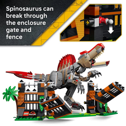 Front angle of the LEGO Jurassic World Spinosaurus dinosaur breaking through a grey brick enclosure gate next to a red getaway motorcycle.