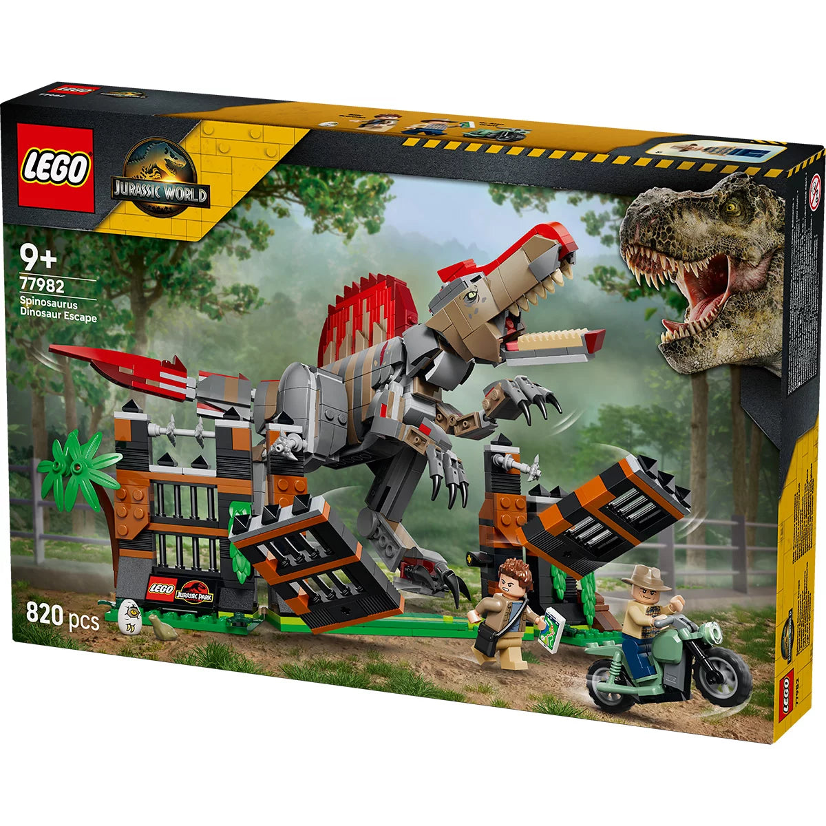 Front angle of the LEGO Jurassic World Spinosaurus dinosaur breaking through a grey brick enclosure gate next to a red getaway motorcycle.