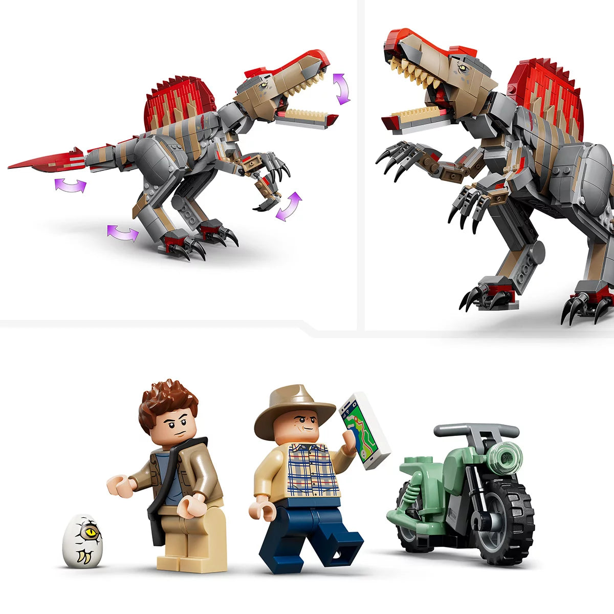 Front angle of the LEGO Jurassic World Spinosaurus dinosaur breaking through a grey brick enclosure gate next to a red getaway motorcycle.