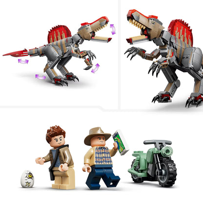 Front angle of the LEGO Jurassic World Spinosaurus dinosaur breaking through a grey brick enclosure gate next to a red getaway motorcycle.