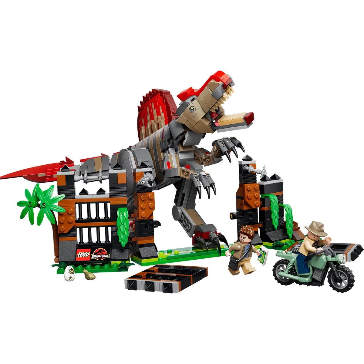 Front angle of the LEGO Jurassic World Spinosaurus dinosaur breaking through a grey brick enclosure gate next to a red getaway motorcycle.