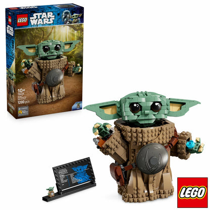 Front view of the built LEGO Star Wars 75446 Grogu figure wearing silver beskar armor and holding a blue cookie accessory next to his information display plaque.