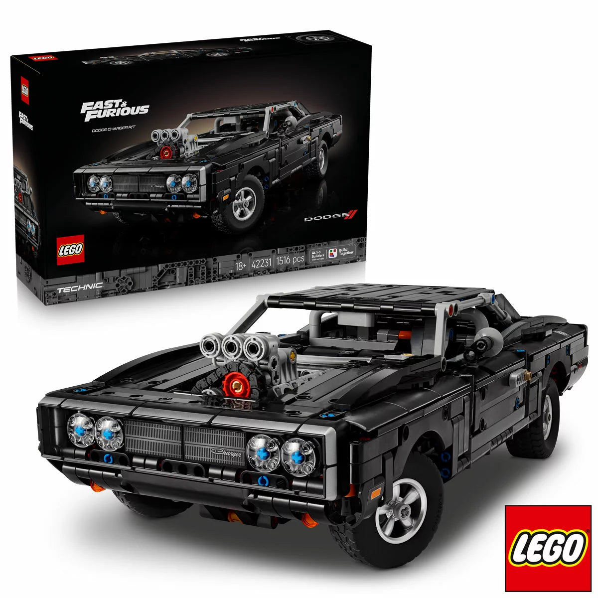 Three-quarter overhead view of the built black LEGO Technic 42231 Dodge Charger R/T muscle car model showing its chrome engine intake and wide rubber racing tires.