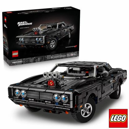 Three-quarter overhead view of the built black LEGO Technic 42231 Dodge Charger R/T muscle car model showing its chrome engine intake and wide rubber racing tires.