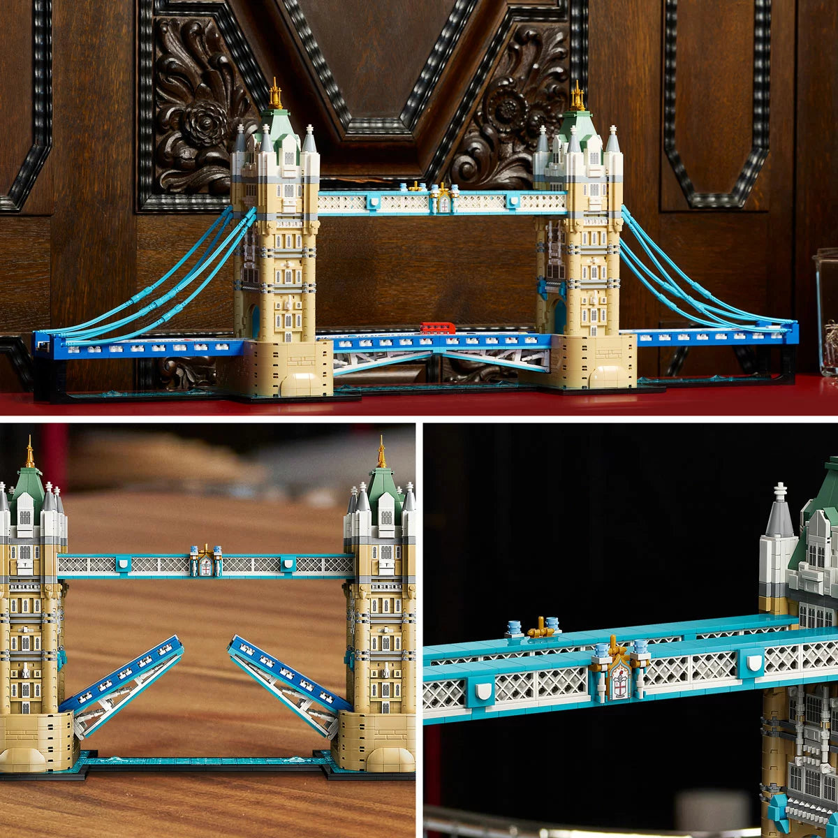 Front angle view of the assembled LEGO Architecture Tower Bridge 21067 set featuring blue suspension cables, raised central bascules, and microscale buses on the base.