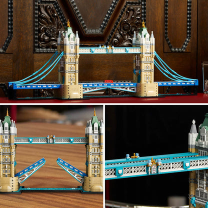 Front angle view of the assembled LEGO Architecture Tower Bridge 21067 set featuring blue suspension cables, raised central bascules, and microscale buses on the base.