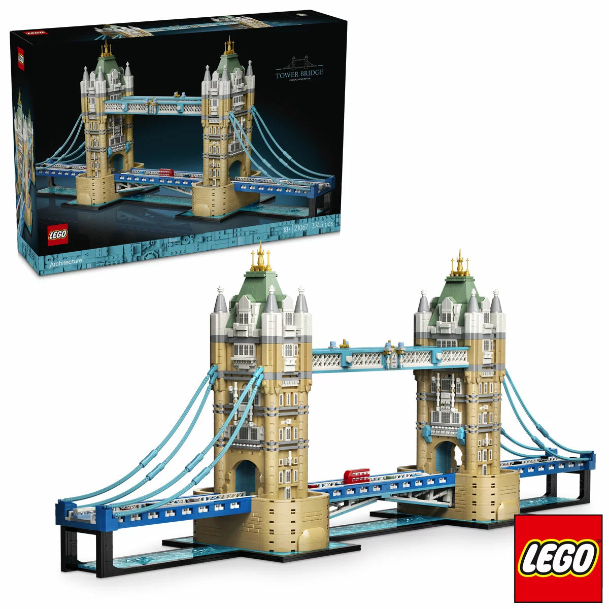 Front angle view of the assembled LEGO Architecture Tower Bridge 21067 set featuring blue suspension cables, raised central bascules, and microscale buses on the base.