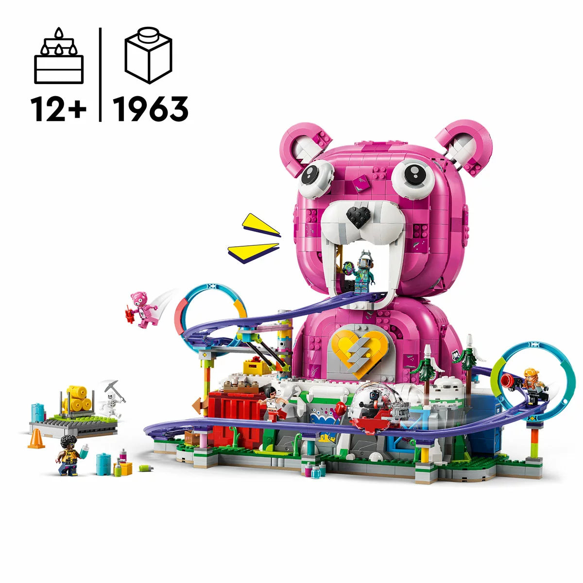"LEGO Fortnite Rave Cave 77082 building set with rollercoaster and Cuddle Team Leader head"
