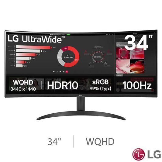 Front view of the black 34-inch LG UltraWide curved monitor displaying a high-resolution workspace desktop on a modern office desk.