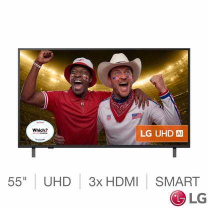 A slim profile LG 55 inch 4K smart TV displaying a vibrant nature documentary on a modern wooden media console in a brightly lit living room.