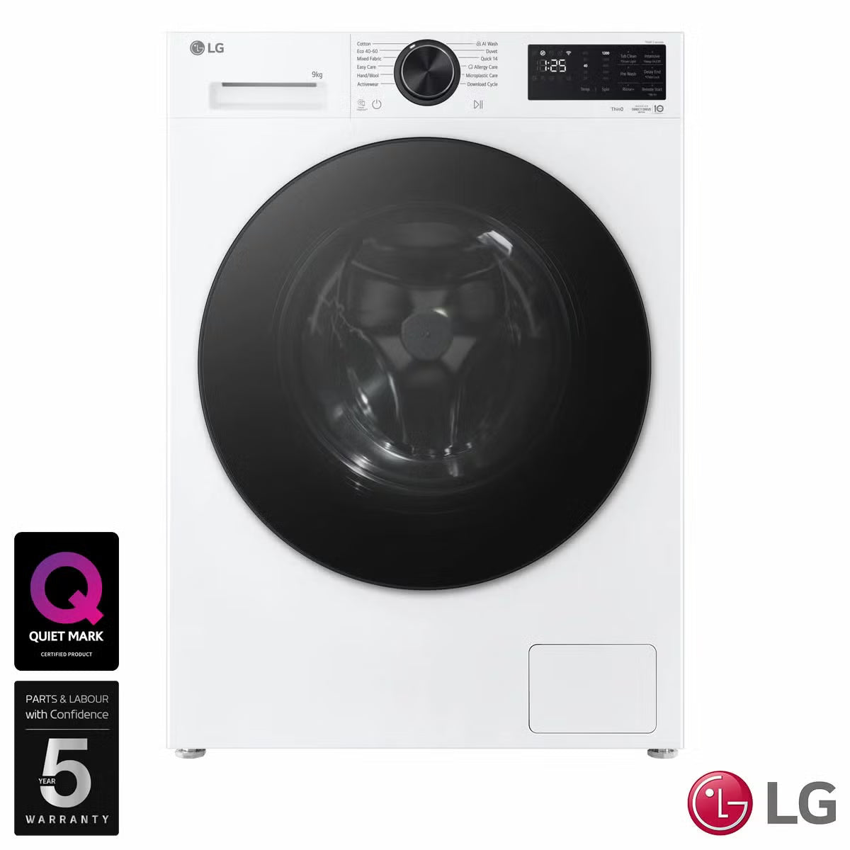 Front view of the white LG Series 3 F2X50S9NLB 9kg washing machine showing its dark chrome dial, sleek digital display panel, and clear glass door.