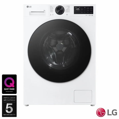 Front view of the white LG Series 3 F2X50S9NLB 9kg washing machine showing its dark chrome dial, sleek digital display panel, and clear glass door.