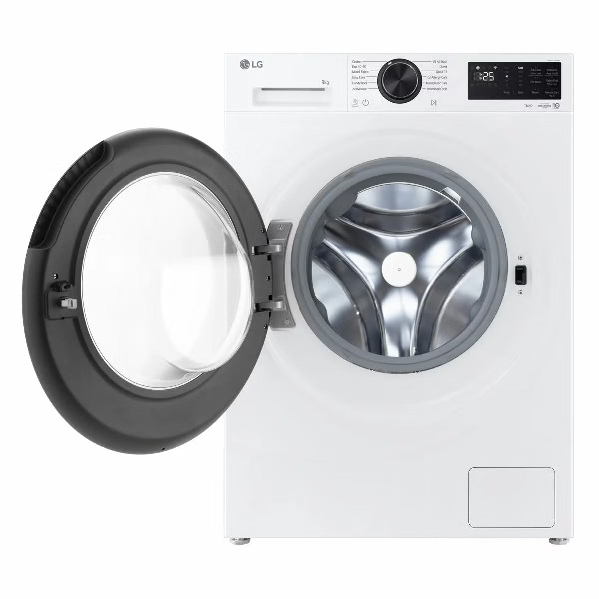Front view of the white LG Series 3 F2X50S9NLB 9kg washing machine showing its dark chrome dial, sleek digital display panel, and clear glass door.