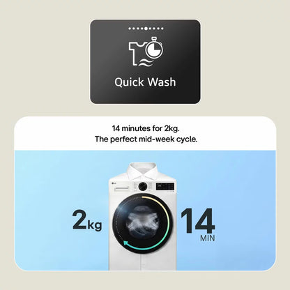 Front view of the white LG Series 3 F2X50S9NLB 9kg washing machine showing its dark chrome dial, sleek digital display panel, and clear glass door.