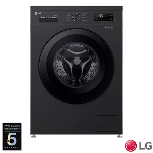 Front angle view of the sleek black LG Series 2 W4X1095NNK 9/5kg Washer Dryer showing the tinted door glass and central dial interface.