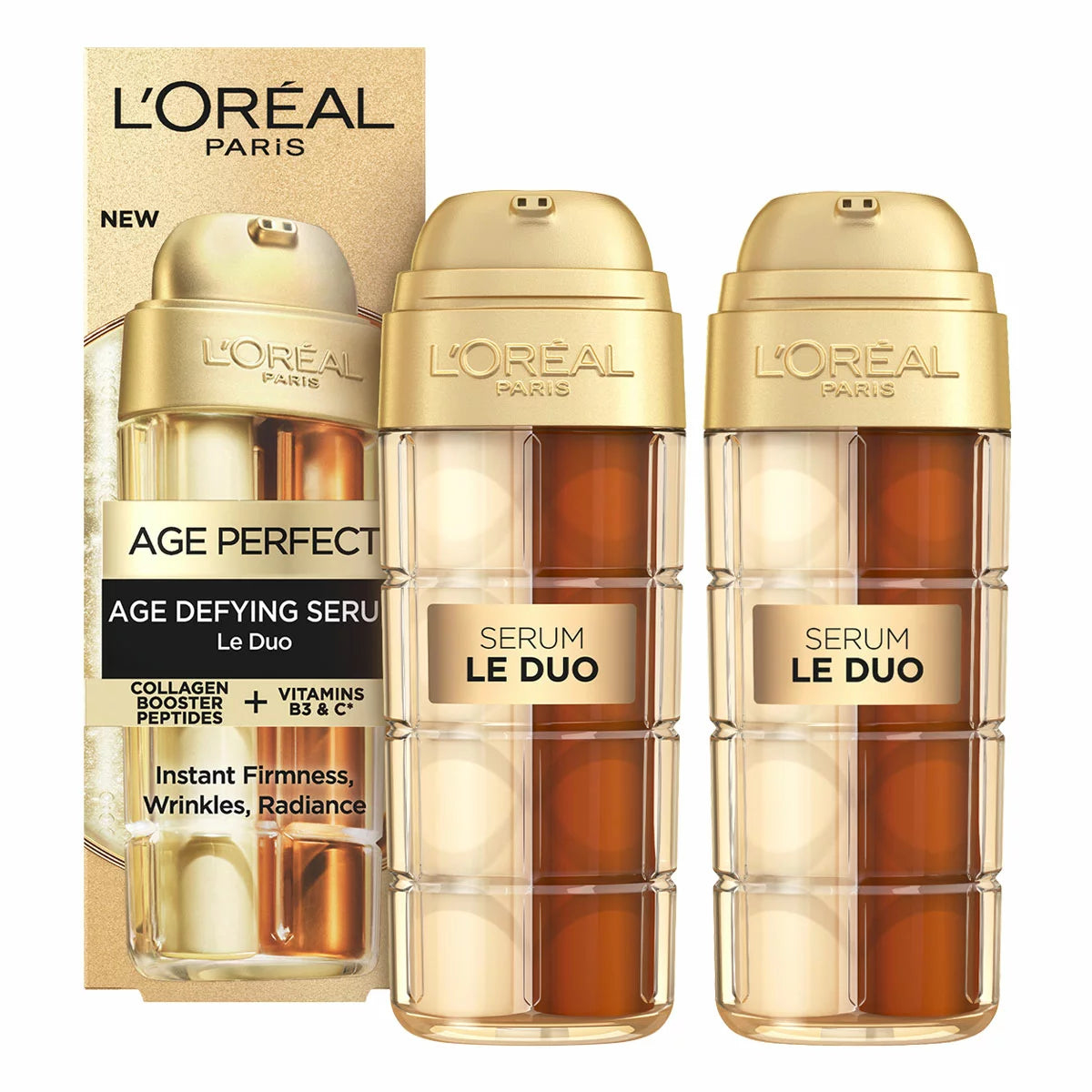 L’Oreal Paris Age Perfect Le Duo Serum bottles, highlighting the dual-chamber pump technology and clinical-grade packaging.
