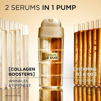 L’Oreal Paris Age Perfect Le Duo Serum bottles, highlighting the dual-chamber pump technology and clinical-grade packaging.