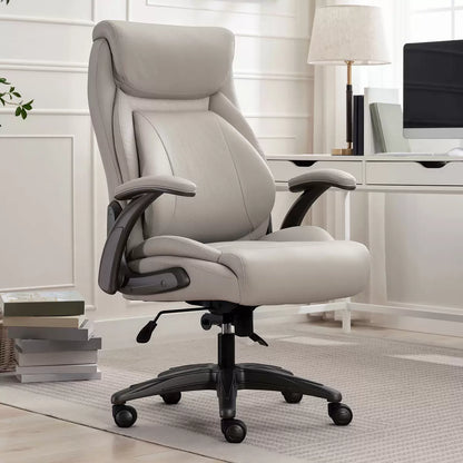 Beige La-Z-Boy manager office chair with air lumbar support and flip-up arms for ergonomic seating comfort