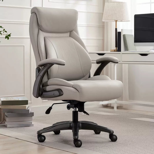 Beige La-Z-Boy manager office chair with air lumbar support and flip-up arms for ergonomic seating comfort