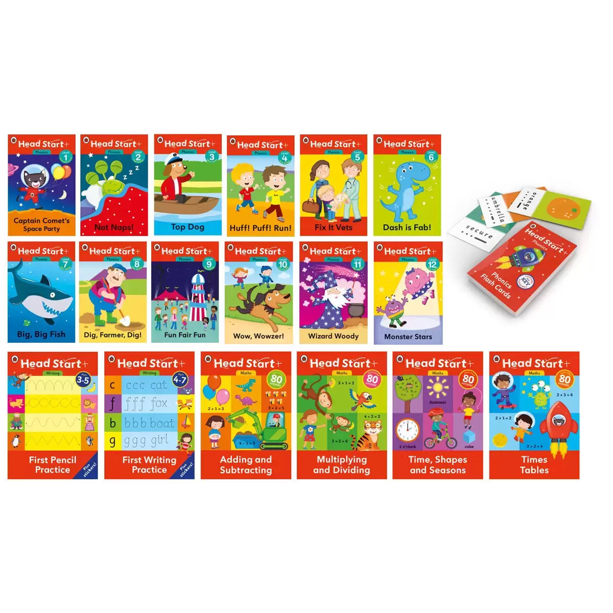 Flat lay view of the Ladybird Head Start 18 book and 52 flashcard set spread out on a white surface showing colorful phonics, maths, and handwriting covers.