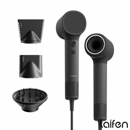 The sleek black Laifen Neo hair dryer with its magnetic nozzle attachment, presented in a minimalist studio setting with soft lighting.