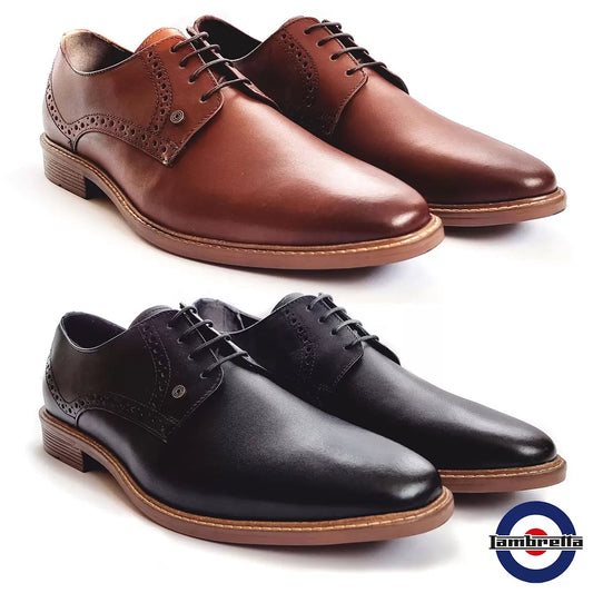 Pair of dark brown Lambretta Men's Stanley dress shoes with lace-up front, polished finish, and textured rubber sole displayed on a neutral surface.