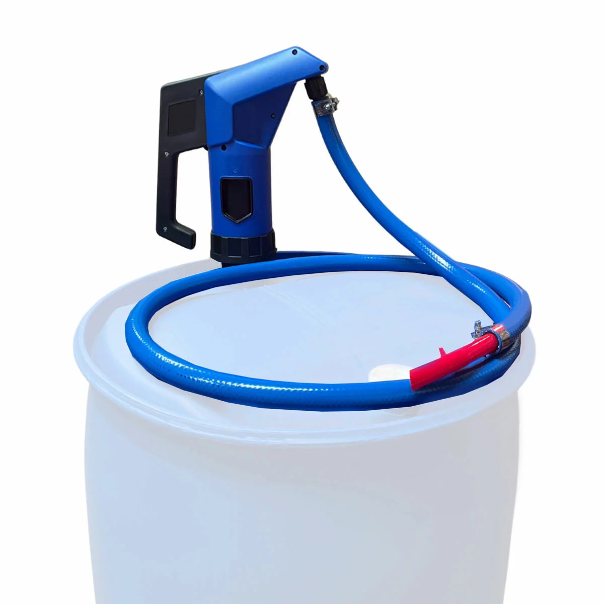 Landowner Blue manual piston AdBlue barrel pump mounted securely to a blue 220L drum with its 2-metre hose attached.