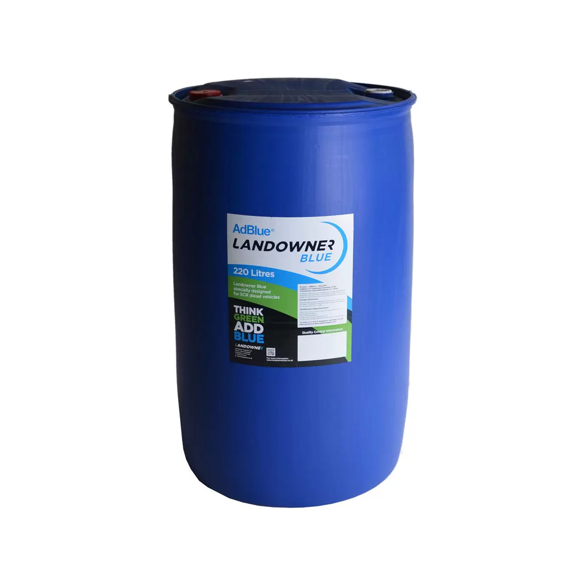 Landowner Blue manual piston AdBlue barrel pump mounted securely to a blue 220L drum with its 2-metre hose attached.
